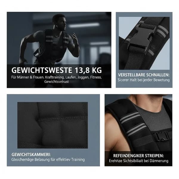 Vægtet Vest, Justerbar Pasform, Refleksstribe,sort