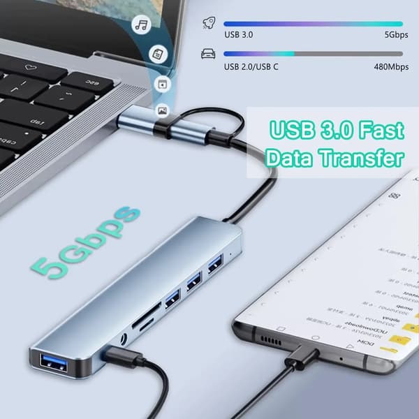 USB-hubb, 8-portars anslutning, hög hastighet för datatransfer,GRÅ