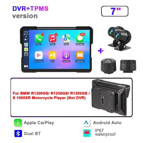 Motorcykelradio, 7-tums skärm, stöder CarPlay och Android Auto,Ingen-c, 7"Carplay TPMS-DVR