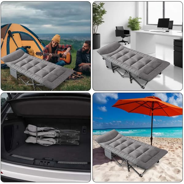 Foldbar Camping Senge, Side Lomme, Kraftig Ramme,Grå