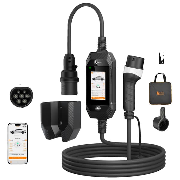 Bærbar EV-lader, Smart Touchscreen, App Kontrol,Slank Sort