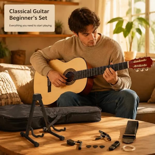 Klassisk Gitarr, 39 Tum, Lönnträskropp, 12 Tonpositioner, Nybörjarvänlig, Komplett Tillbehörsset