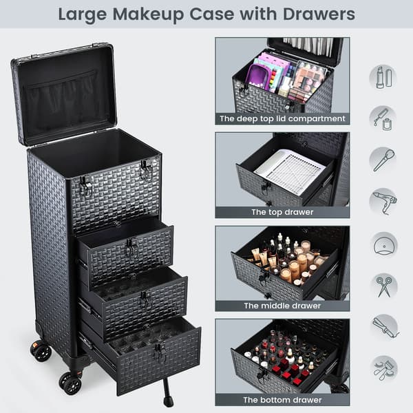 Makeup Train Case, Rullende Design, Rummelig Opbevaring,sort