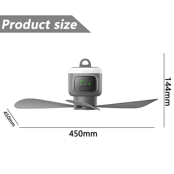 Loftventilator, USB-genopladelig, 4 hastighedsindstillinger,Lys Grå, EU
