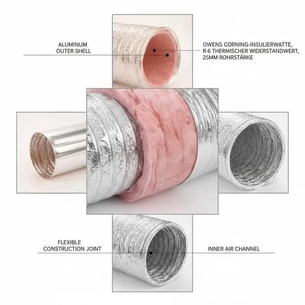 Flexibel Aluminiumslang, Isolerad, 130 mm Diameter, Röd