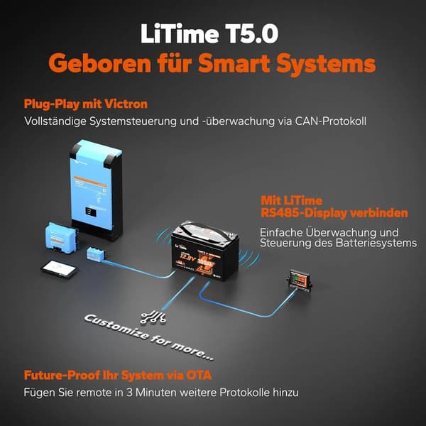 Lithiumbatteri, 100A BMS, Bluetooth-kompatibilitet, lavtemperaturbeskyttelse,sort