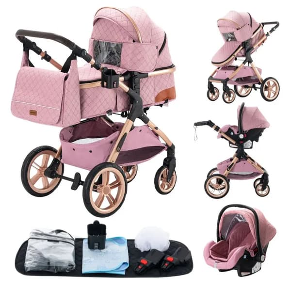 Barnvagn, 3-i-1 rese-system, lätt och hopfällbar,Hög version X1 PINK