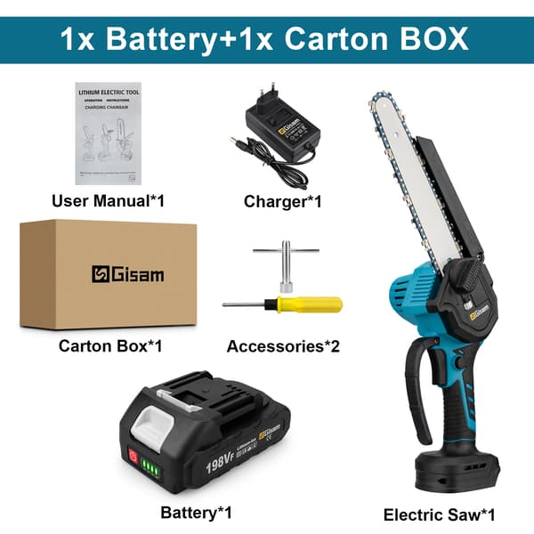 Elektrisk kædesav, børsteløs motor, 8 tommer guideplade,1 Batteri