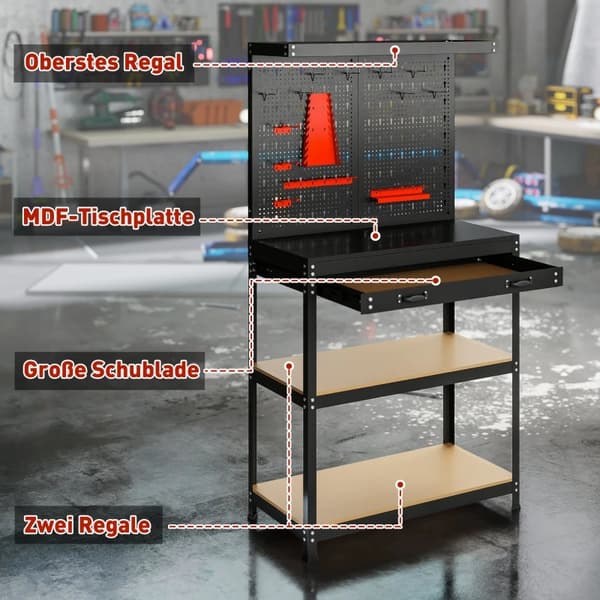 Værksted, Pegboard System, Rigelig Opbevaringsplads,Sort