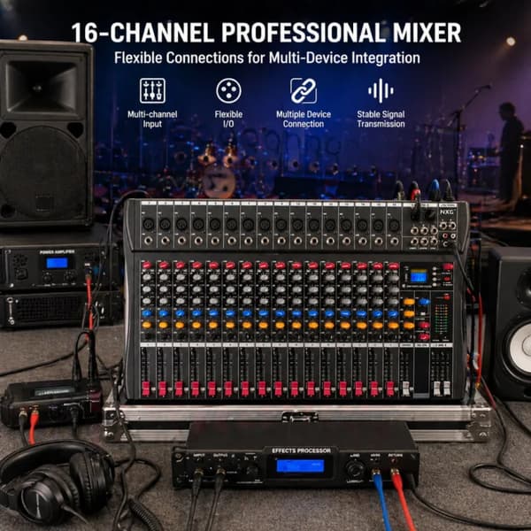 Lydmixer, 16-kanaler, 60mm faders, Bluetooth-kompatibilitet, USB MP3-afspiller understøttelse, DC-strømkilde