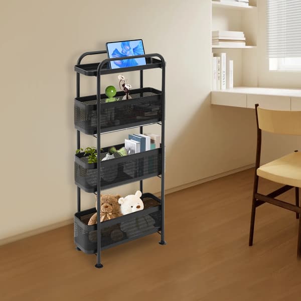 Narrow Rolling Cart, 4-Tier Storage, Pull-Out Baskets,svart