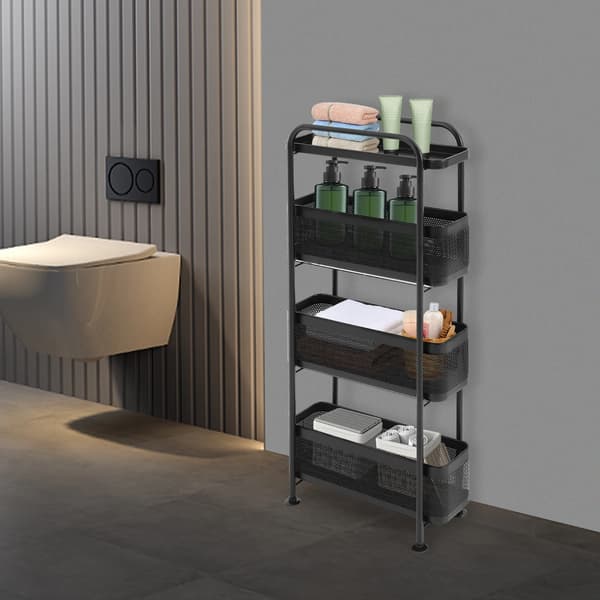 Narrow Rolling Cart, 4-Tier Storage, Pull-Out Baskets,svart