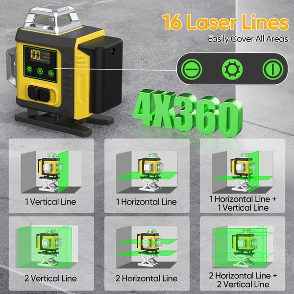 Laser Level, 16 Lines, Self-Leveling, 2 BATTERY