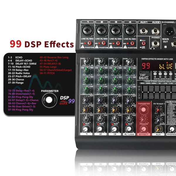 Mixerkonsol, 8 Kanaler, 99 DSP Effekter,EU PLUG