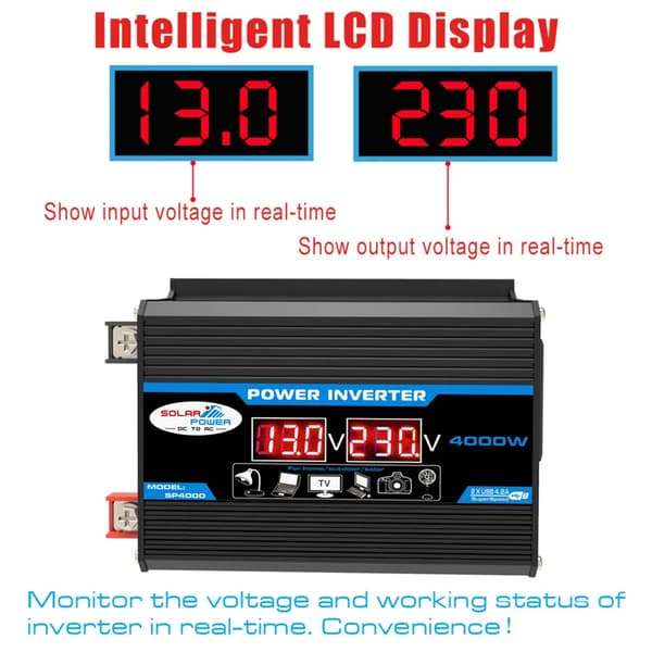 Invertteri, Kaksois-USB, LCD-näyttö, 4000W