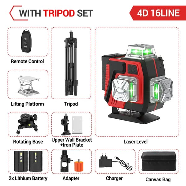 Laser Niveller, 16 Linjer, Automatisk Nivellering,Tripod-Stofpose