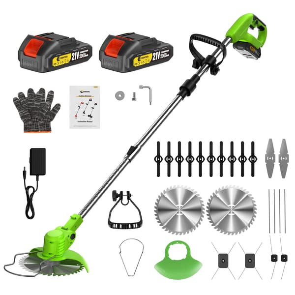 Grästrimmer, Lättviktsdesign, Mångsidiga bladalternativ,Grön 2 Batterier