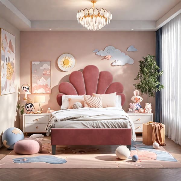 Seng, Blomster Hovedgærde, Velour Polstring,Claret, 90*200cm