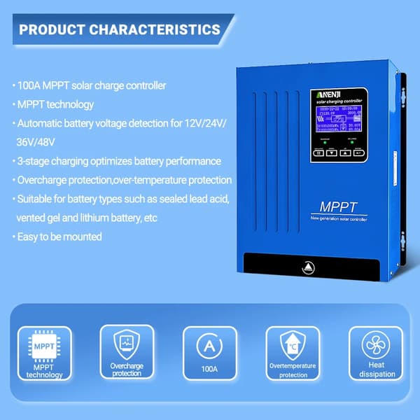Solcellsregulator, 100A kapacitet, MPPT-teknik,ANJ-48V-100A