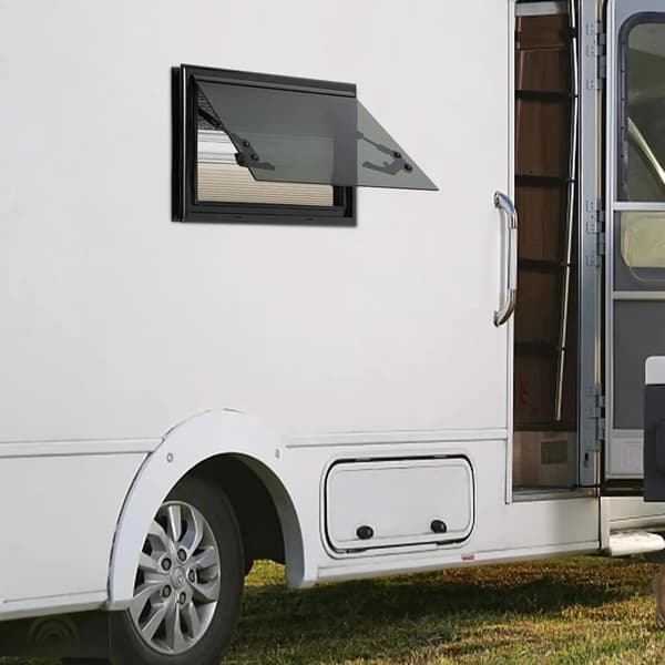 Campingvognsvindue, hængslet design, integreret rulleskærm,sort