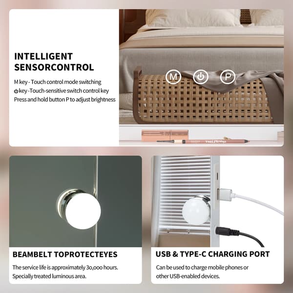 Makeup Spejl, 14 Dæmpbare LED-pærer, Moderne Design,HVID