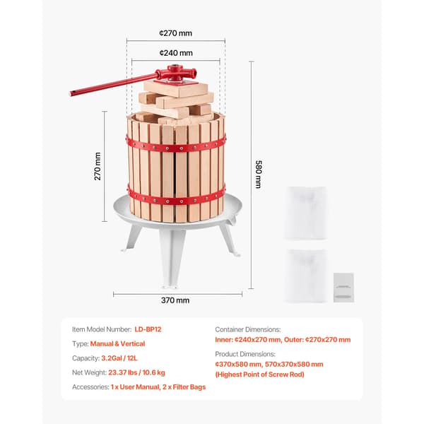 Fruktvinpress, manuell drift, 12L kapacitet,12L