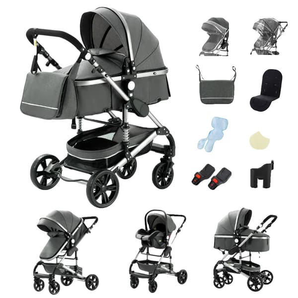 Barnvagn, lätt aluminiumram, 3-i-1 mångsidighet,739 grå