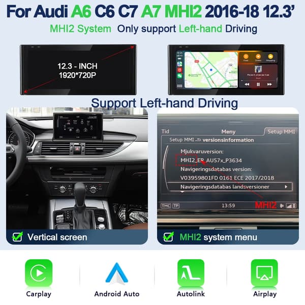 Multimedia-näyttö, langaton CarPlay, Android Auto,A6 A7 HMI2 16-18