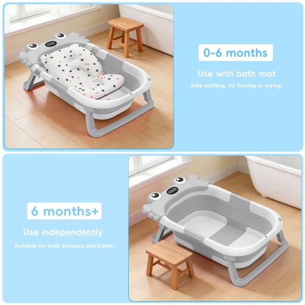 Babytub, Fällbar Design, Inbyggd Termometer,GRÅ