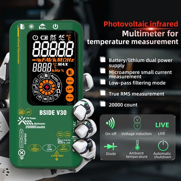 Digitalt multimeter, infrarød termometer, dual strømforsyning,V30