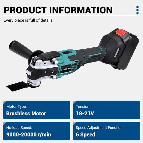 Oscillerende Multi-Værktøj, Børsteløs Motor, 6 Hastighedsindstillinger,2 Batterier