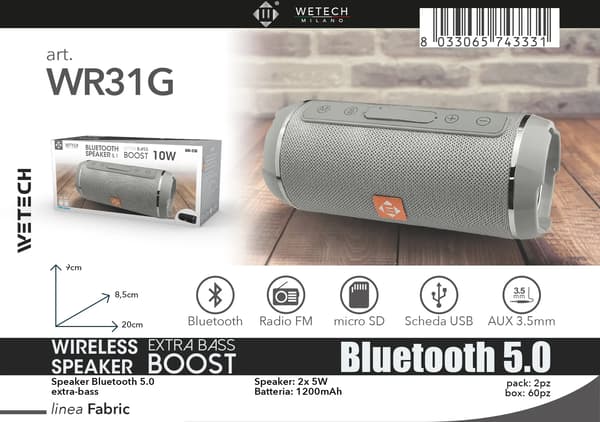 Bærbar Bluetooth-højttaler, Ekstra bas, Vandtæt,WR31G