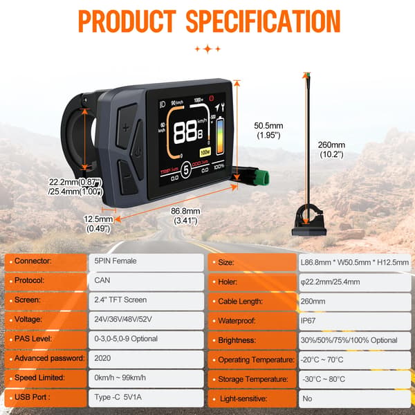 Ebike Display, 2,4" TFT Skærm, IP67 Vandtæt,For CAN-protokol