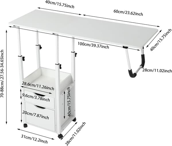 Overbed Bord, Højdejusterbart, Rullende Design,HVID