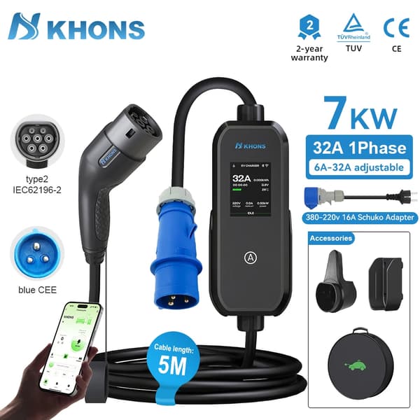 Elbiloplader, Bærbart Design, Smart App Kontrol,7kw og adapter