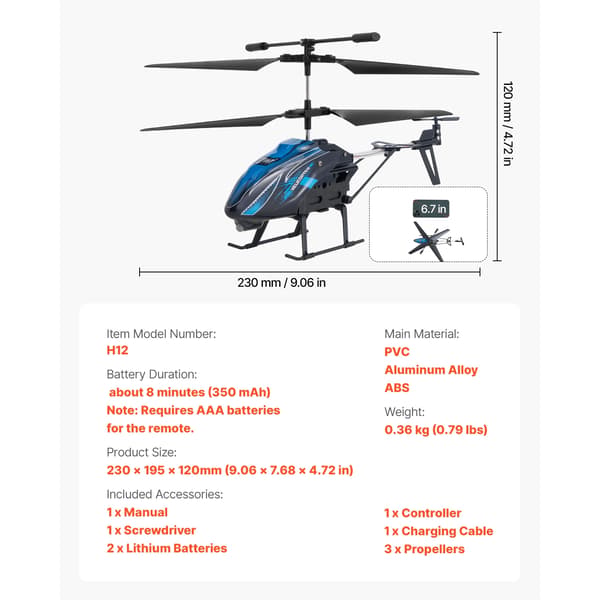 Helikopter, Enknappsstart, LED-belysning, Blå