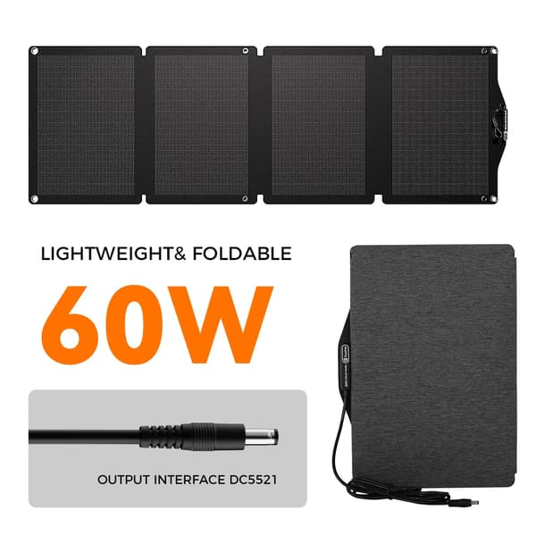 Solpanel, 60W Maksimal Effekt, 18V Spænding, 3.34A Strøm, IP65 Beskyttelse, 21.6% Effektivitet