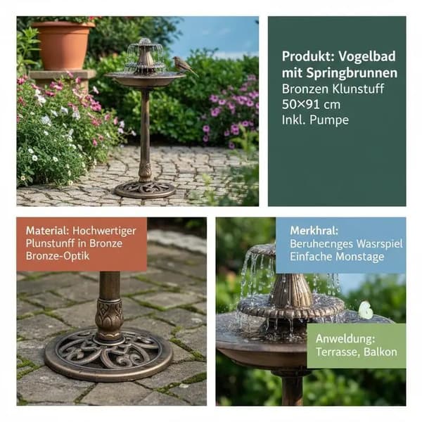 Fågelbad, Fontänfunktion, Hållbar Plast,Brun