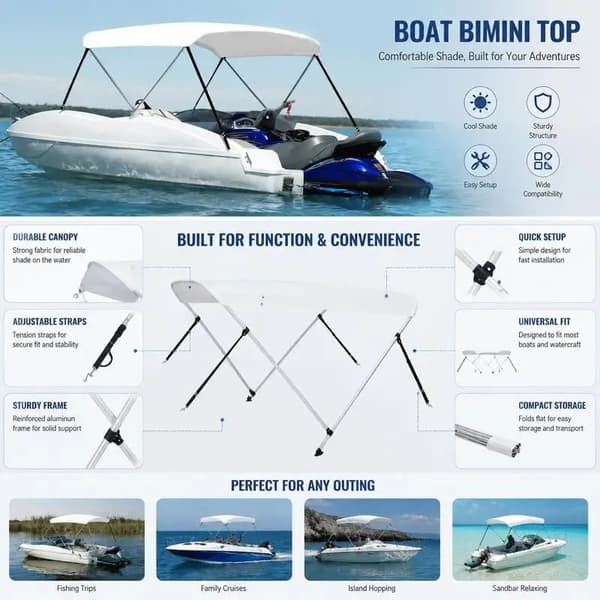Båd Bimini Top, Holdbart Stof, UV Beskyttelse,HVID