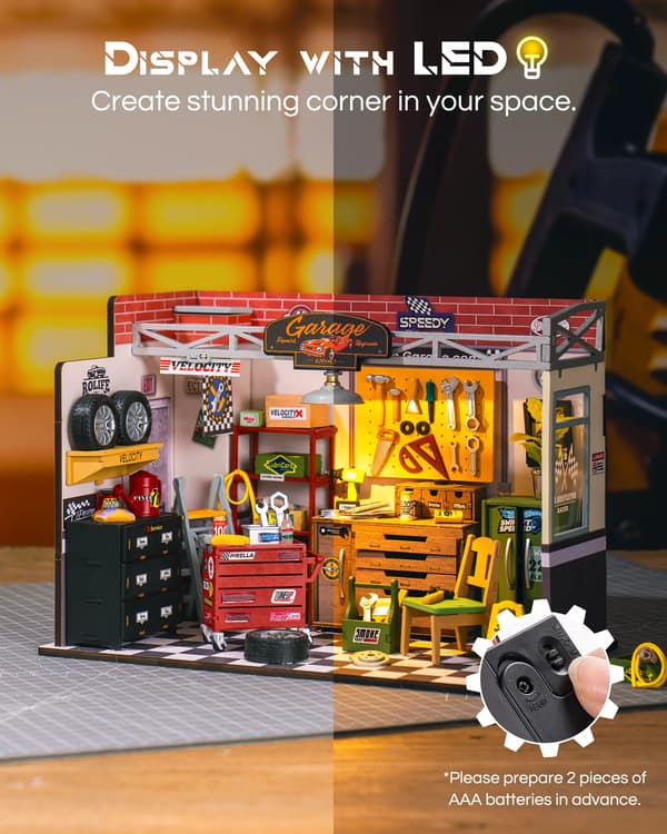 Mini Garage Workshop Kit, Intrikat Samling, LED Lys Inkluderet,Garageværksted