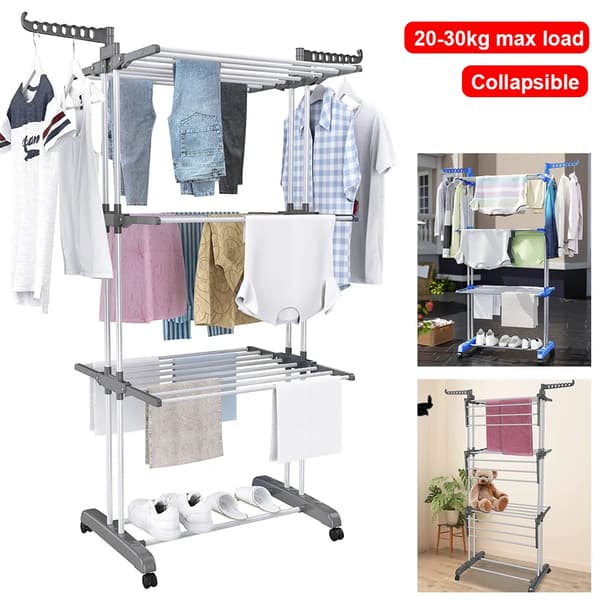 Tøjstativ, Rustfrit Stål, 3 Niveauer, 18 Meter Tørrerum, 2 Sidevinger, Sammenklappeligt Design