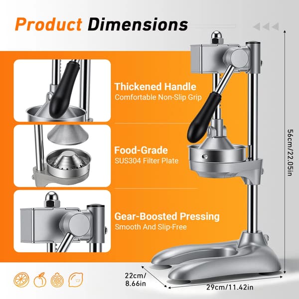 Citruspresser, Gear-Boosted Design, Dobbelt Trykhoved,Sølv