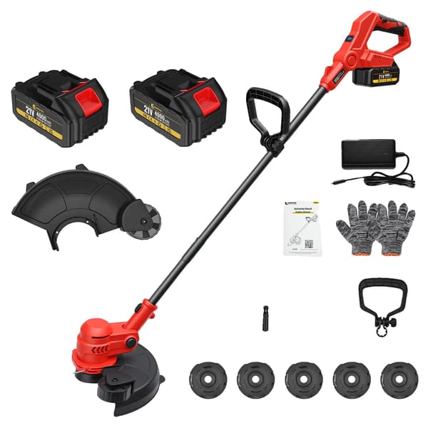 Trådløs Græstrimmer, 2000W Motor, Justerbart Hoved,Rød 2 Batterier