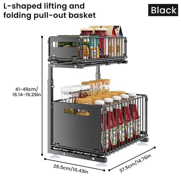 Skabsorganisator, Justerbar Højde, Multifunktionelt Design,sort, 2-lags