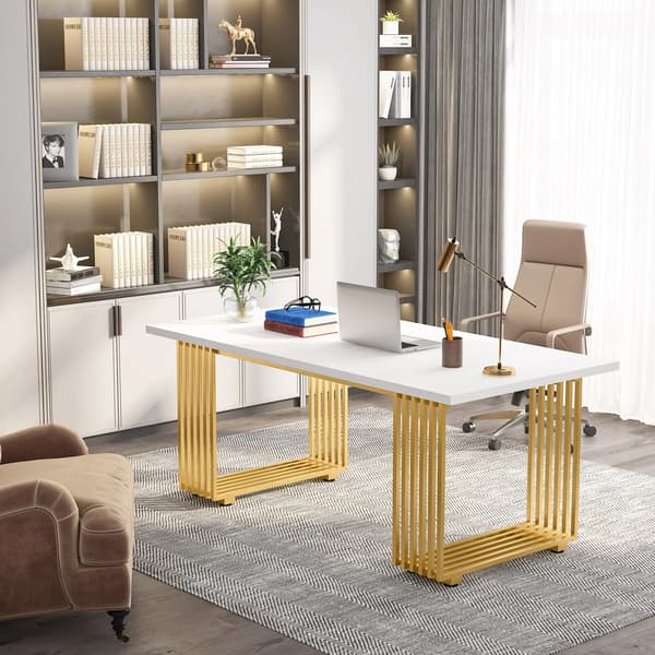 Kontorbord, Moderne Design, Robust Metalramme,Hvid og guld