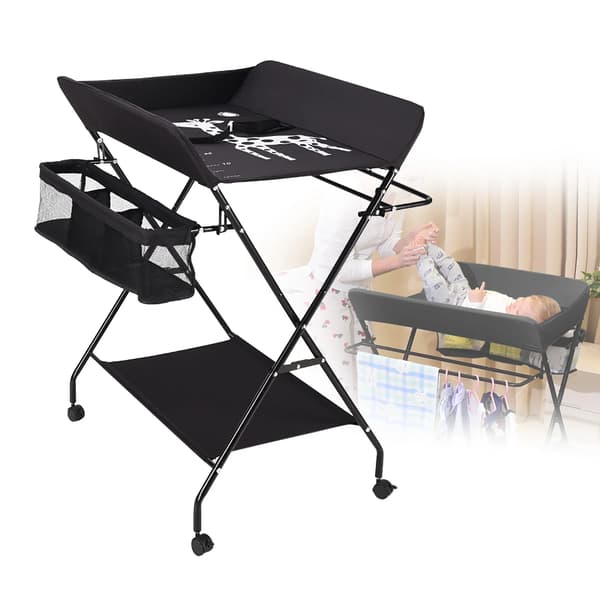Babyskiftemøbel, Justerbar Højde, Sammenklappeligt Design,sort