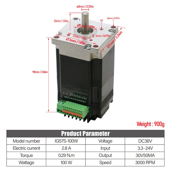 Servomotor, 2-fas, borstlös DC-kontroll,IG57S-100W, 8mm-c