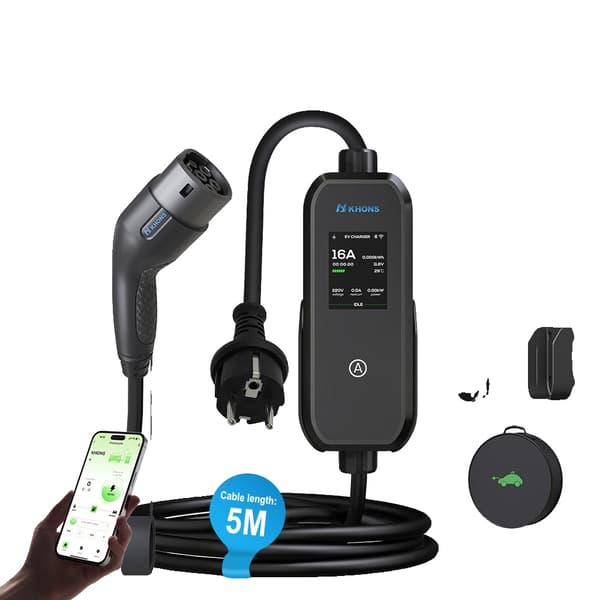 Bærbar EV-lader, App-kontrol, IP65 vandtæt,sort