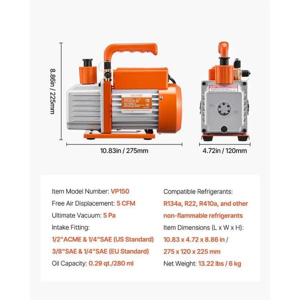 Vakuumpump, 5 CFM luftförflyttning, HVAC-kompatibel, GUL