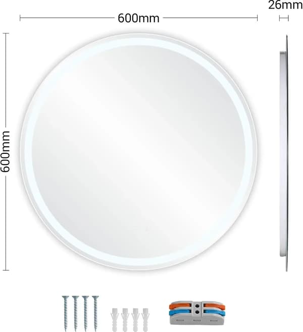 Badrumsspegel, LED-belysning, Avfuktningsfunktion,Tly Rund 60cm
